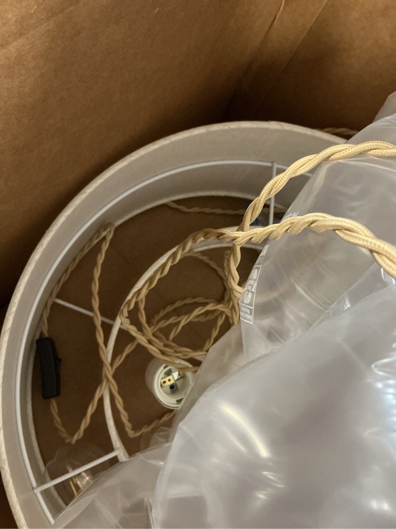 Condition photo showing Good Condition for plug in pendant light, 2-tier drum linen pendant light with 15ft hemp rope cord, e26 on/off switch, 18" plug in hanging chandelier for dining room kitchen, includes bulbs beige-plug in