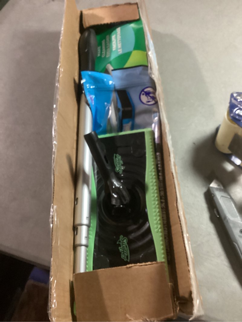 Condition photo showing As Is for swiffer sweep & mop deluxe 2-in-1 multi-surface kit for floor cleaning, includes 1 sweeper device, 5 dry sweeping + 6 wet mopping heavy duty cloths, black deluxe starter kit