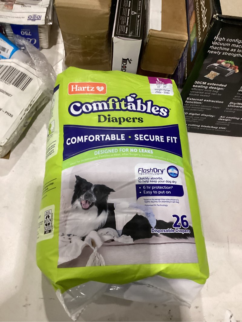 Condition photo showing New/Like New for hartz comfitables disposable dog diapers, size large 26 count, comfortable & secure fit, easy to put on, super absorbent male and female diaper