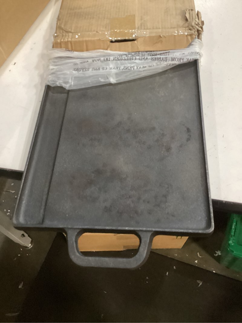 Condition photo showing As Is for prosource 2-in-1 reversible 19.5” x 9” cast iron griddle with handles, preseasoned & non-stick for gas stovetop, oven and open fire.
