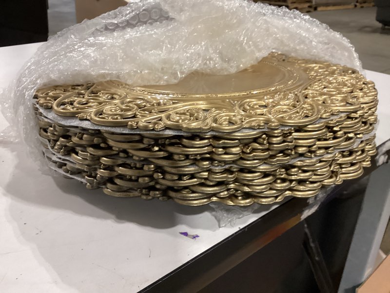 Condition photo showing Good Condition for foraineam gold charger plates set of 12, 13" round plastic dinner chargers, decorative hollowed out flowers serving plates for table setting, catering, wedding, party, event