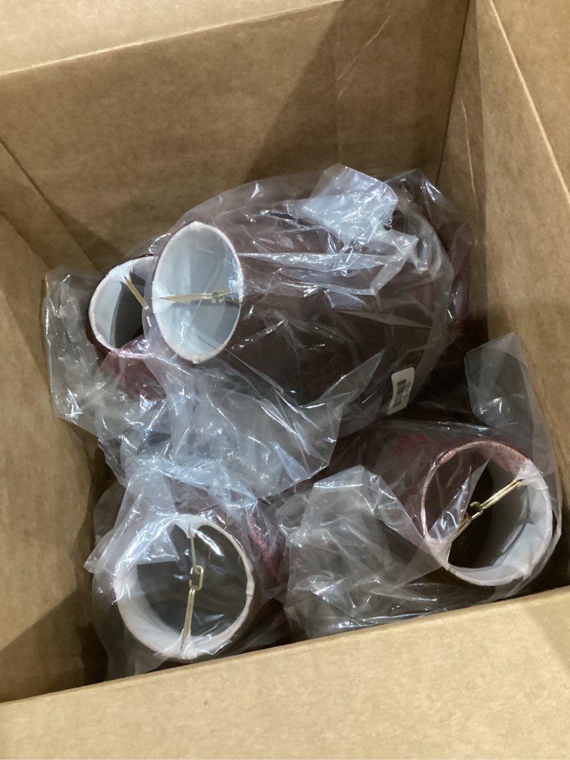 Condition photo showing New/Like New for Aspen Creative 30038-5, Bell Clip-On Chandelier Lamp Shade, Dark Brown, 3" Top x 6" Bottom x 5" Slant Height, Set of 5 Dark Brown 3" x 6" x 5" BELL - CLIPON CONSTRUCTION - 5 PACK
