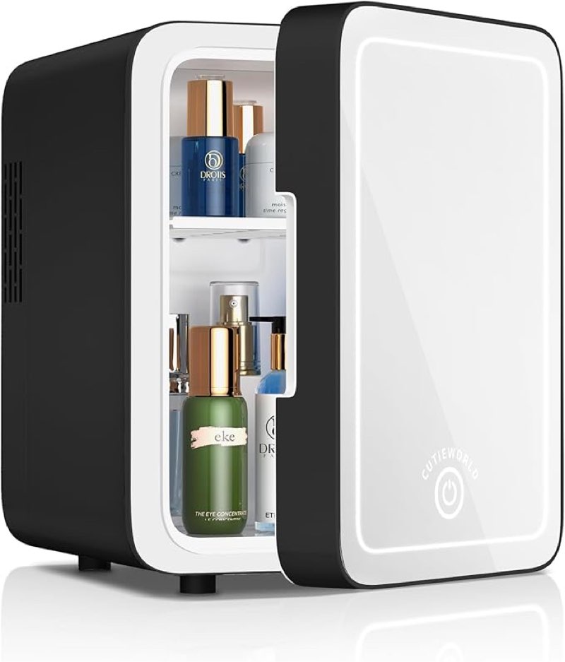 cutieworld makeup fridge with dimmable led light mirror, 4l mini fridge for bedroom, car, office & d