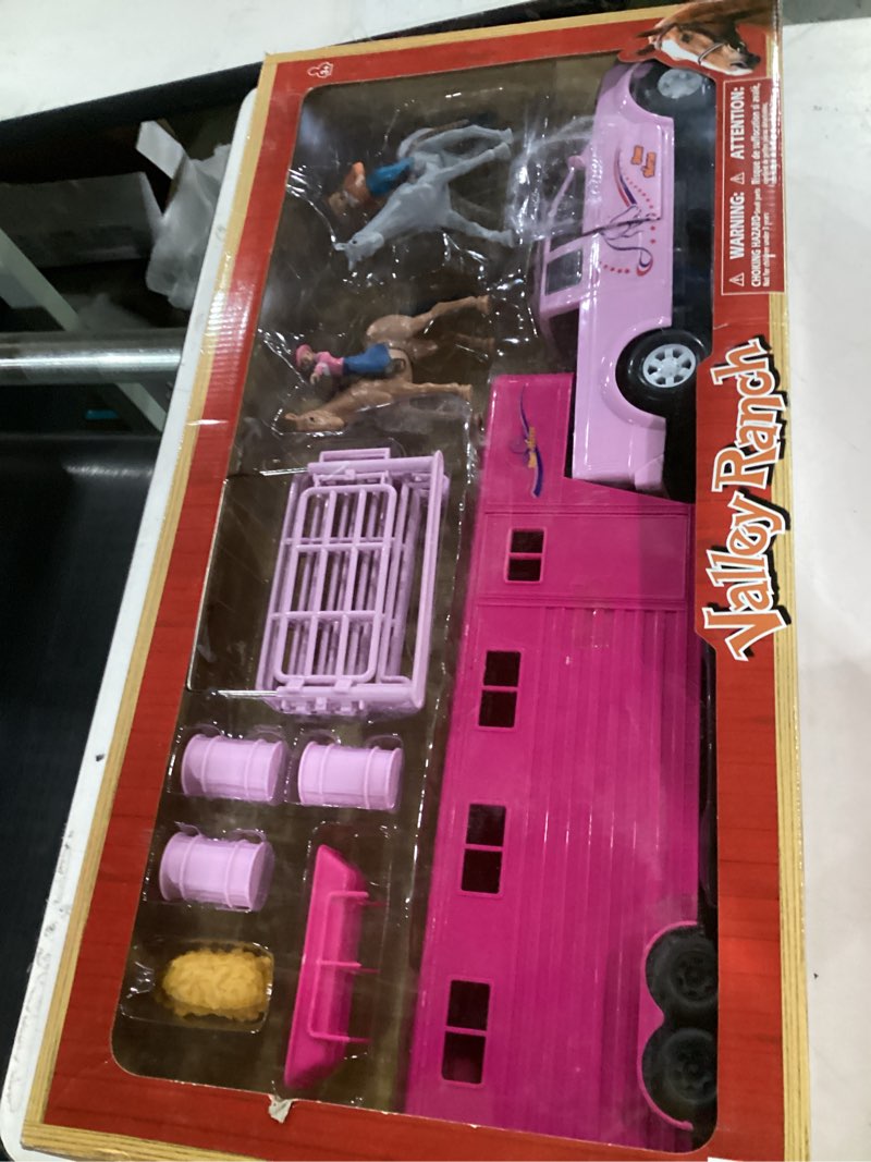 Condition photo showing New/Like New for valley ranch pink pick up truck and horse trailer playset
