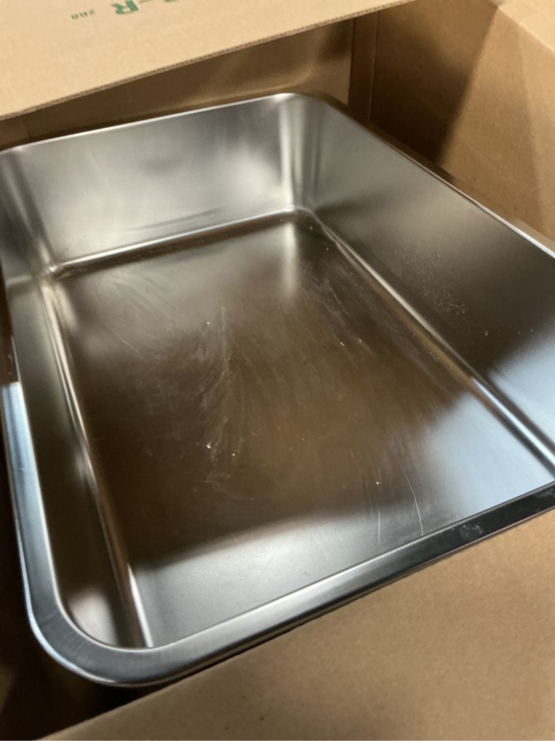 Condition photo showing As Is for Yangbaga Stainless Steel Litter Box for Cat and Rabbit, Odor Control Litter Pan, Non Stick, Easy to Clean, Rust Proof, Large Size with High Sides and Non Slip Rubber Feets