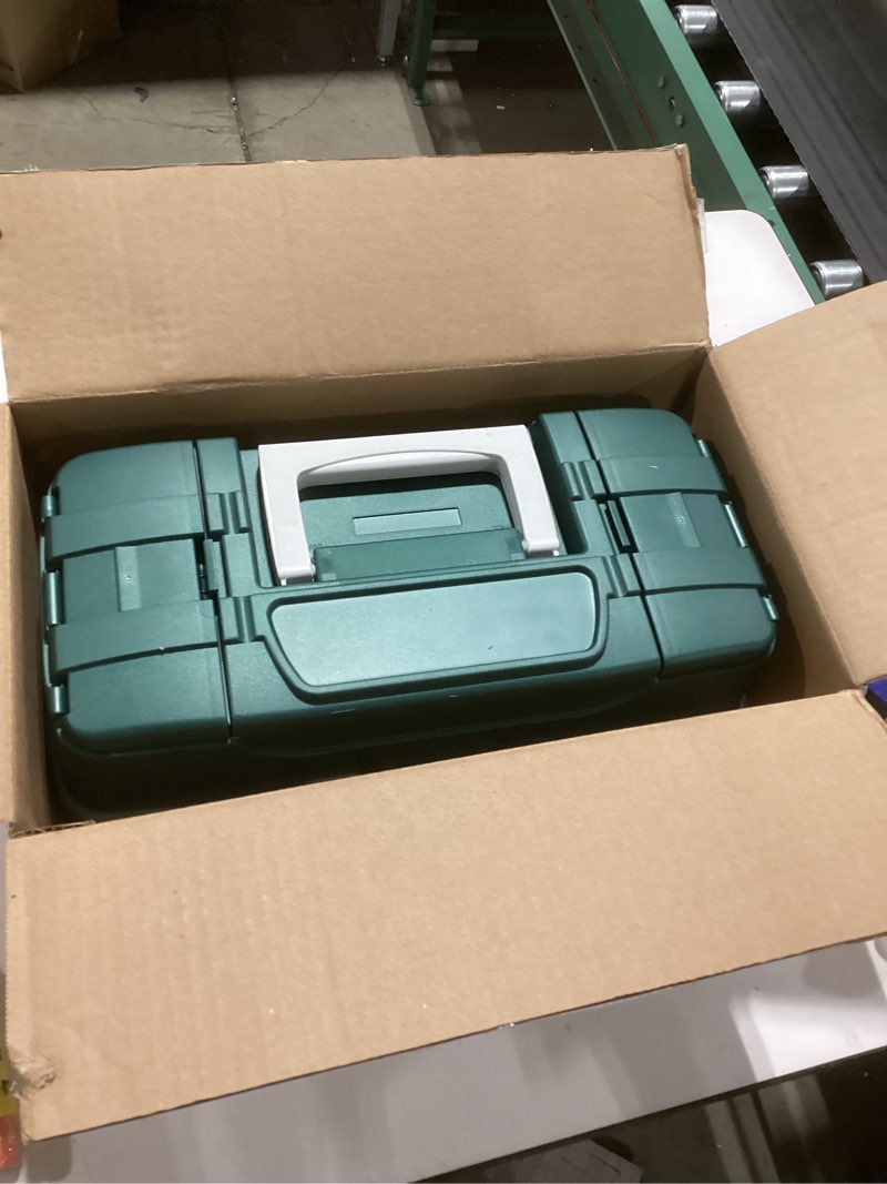 Condition photo showing As Is for Plano 3-Tray Tackle Box with Dual Top Access, Dark Green Metallic/Off White, Premium Tackle Storage Three-Tray Dark Green Metallic/ Off White