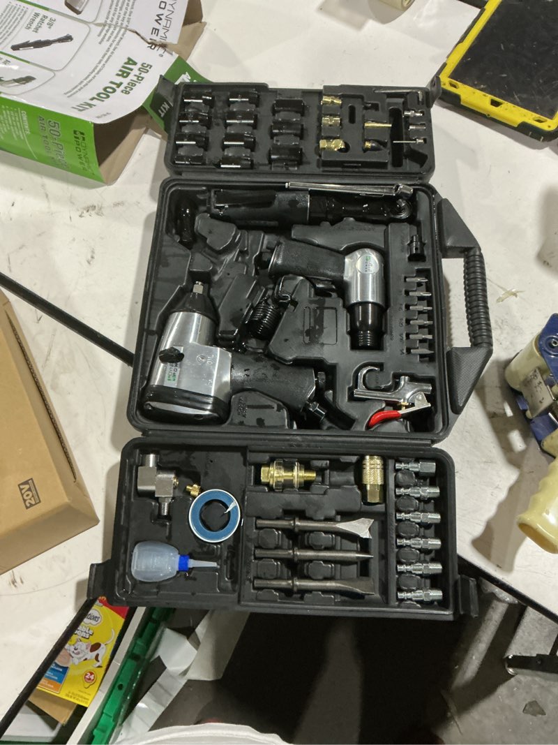 Condition photo showing As Is for dynamic power 50 pieces air tool kit. 1-1/2'' impact wrench, 1-3/8'' ratchet wrench, 5-air hammer w/chisels, and other great tool accessories. d-w3-50k