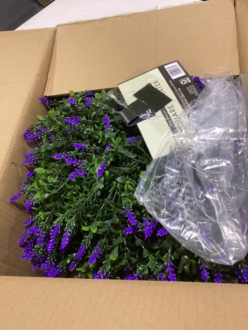 Condition photo showing Good Condition for 27.2" artificial lavender topiary set of 2 with spike, fake plants boxwood balls greenery shrubs , uv resistant artificial push in flowers bushes for outdoor front porch decor, home faux plants indoor