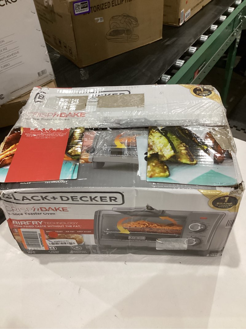 Condition photo showing As Is for BLACK+DECKER Crisp 'N Bake Air Fry Countertop Convection Toaster Oven, Medium Capacity, 4-Slice, 5-in-1, Fits 9” Pizza, 30-Min Timer, Bake, Broil, Air Fry, Toast, Keep Warm, Stainless Steel
