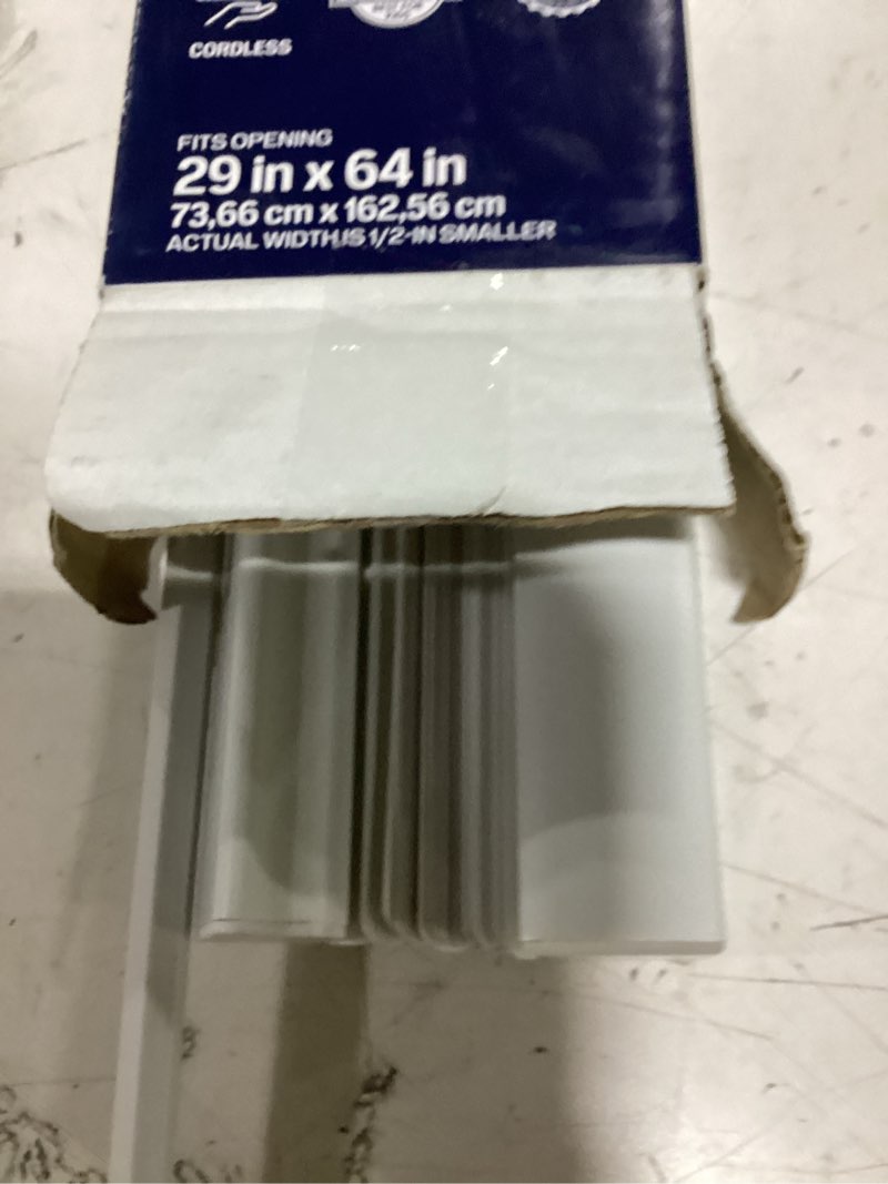 Condition photo showing As Is for project source light filtering 1-in slat width 29-in x 64-in cordless white vinyl light filtering mini-blinds