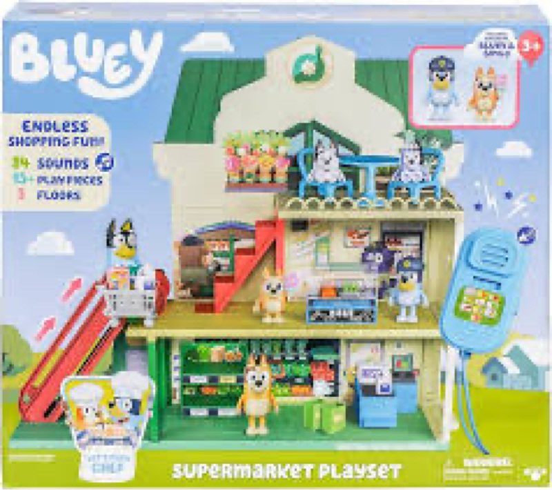 bluey and bingo supermarket playset with escalator, pretend play toys for toddlers, sounds and 15 pieces, bluey grocery store playset