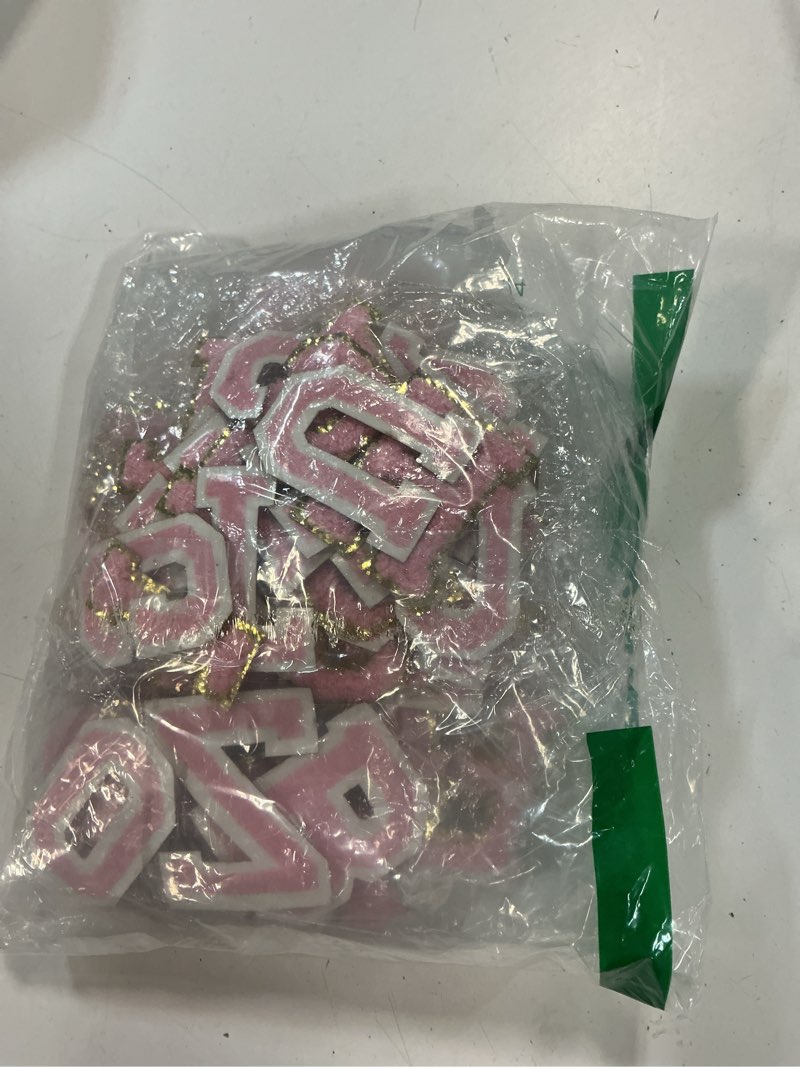 Condition photo showing As Is for 104 pcs wedding iron on letters patches chenille a-z repair alphabet applique patches bride embroidered letter sew on with gold border for bags shirts(2.36'',pink) pink 2.36''