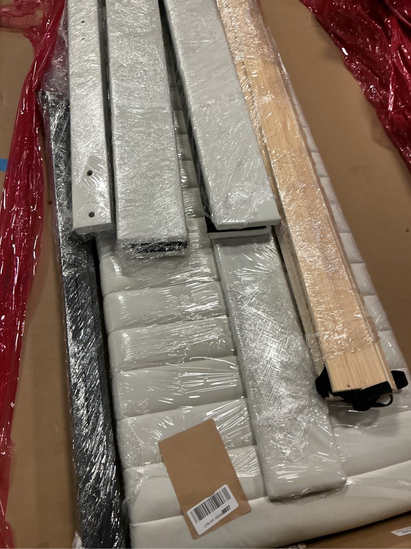 Condition photo showing As Is for IDEALHOUSE Queen Bed Frame with Adjustable Headboard, Velvet Upholstered Platform Queen Size Bed Frame, Vertical Channel Tufted, Strong Wooden Slats, No Box Spring Needed, Easy Assembly, Beige Beige Queen