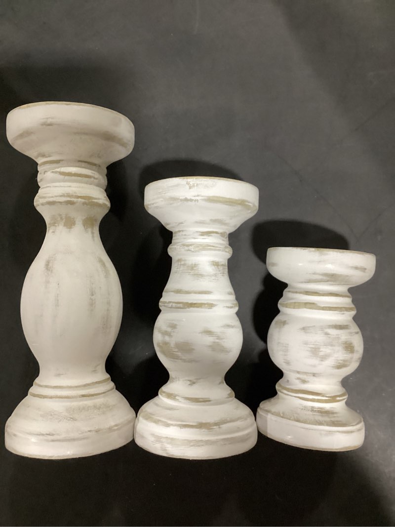 Condition photo showing As Is for NIKKY HOME Rustic Pillar Candle Holder Set of 3 - Farmhouse Wood Candlestick Stand for Mantle, Fireplace, Dining Table Centerpieces, Distressed White