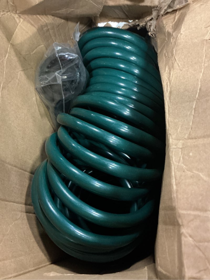 Condition photo showing Good Condition for pangda 100 ft x 3/8'' coil garden hose eva recoil garden self coiling expanding water hose with 6 function spray nozzle universal 3/4'' brass connector fitting for outdoor yard(green) 100 ft green