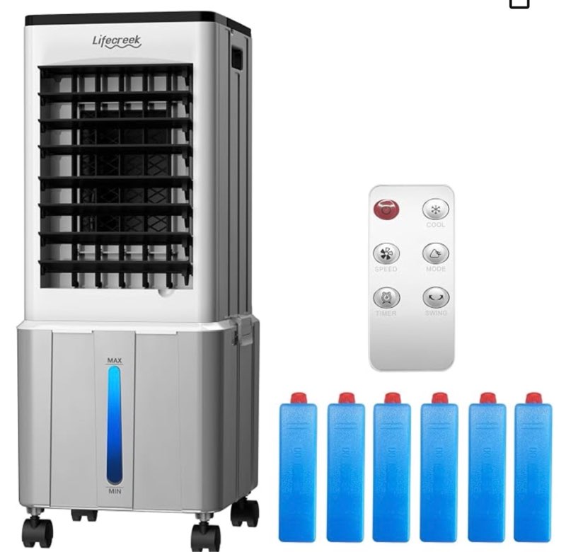lifecreek portable air conditioner, 3-in-1 evaporative air cooler 3.0gal tank, 4 modes & 3 speeds, 12h timer, 6 ice packs, remote control, windowless swamp cooler for bedroom,no hose, gray