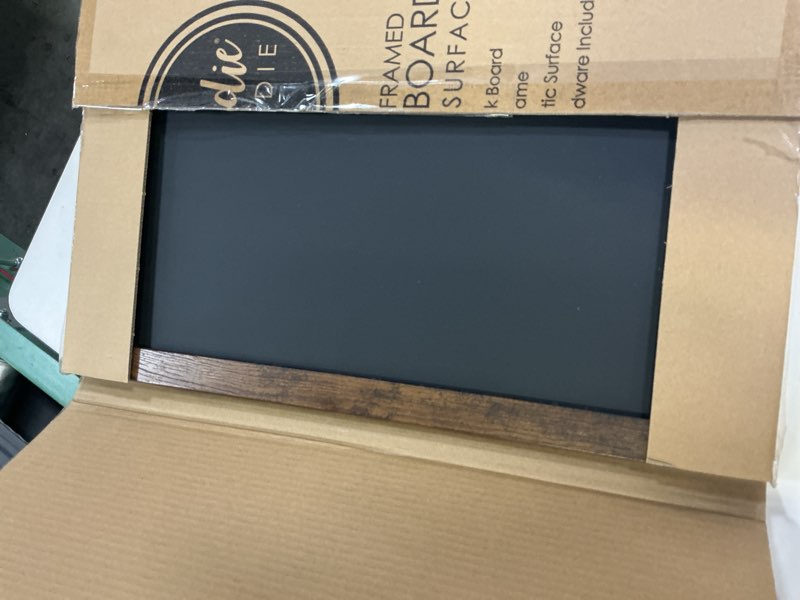 Condition photo showing As Is for loddie doddie wood chalkboard calendar - 18 in x 22 in, rustic frame, mounting hardware - magnetic chalkboard for wall - menu board for kitchen - hanging chalk board sign rustic frame 18"w x 22"h