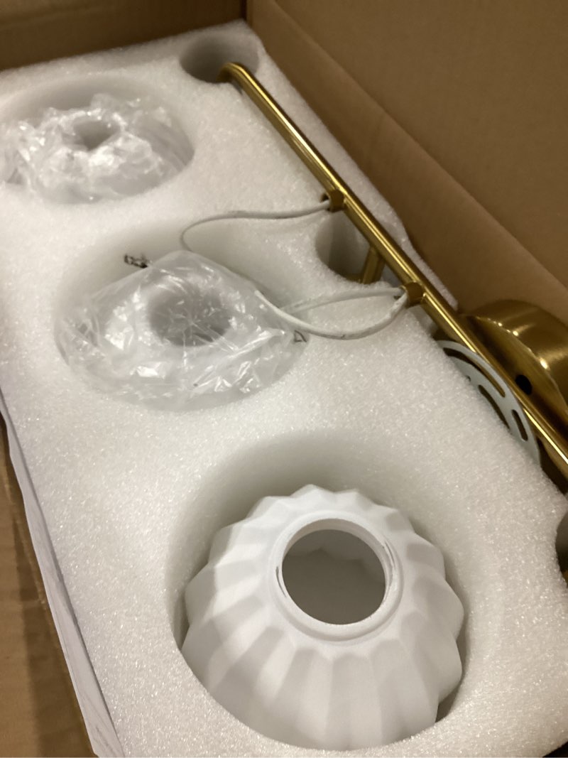 Condition photo showing New/Like New for Brushed Gold 3-Light Vanlity Light Over Mirror,Wall Sconces,Gold Brass Bathroom Light Fixture with Milk White Glass Flower Shade,E26 Socket(Bulbs Not Included) Gold-3 Light