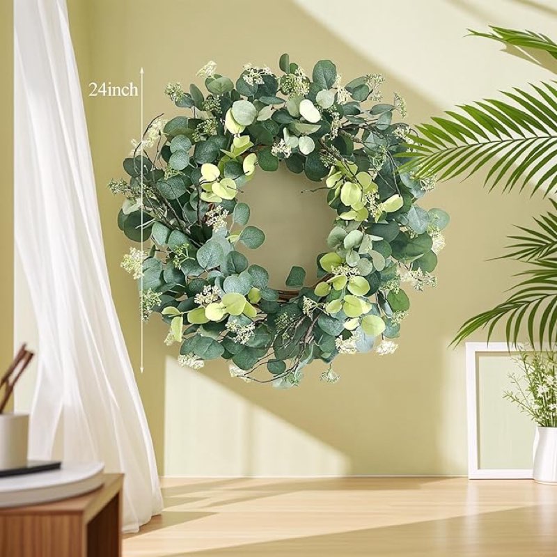 (Similar) 12 Inch Spring Wreath for Front Door, Spring Eucalyptus Wreath for Grapevine Farmhouse with Silk Printing Dollar Leaves Wreaths for Festival Celebration Front Door Wall Window Home Décor