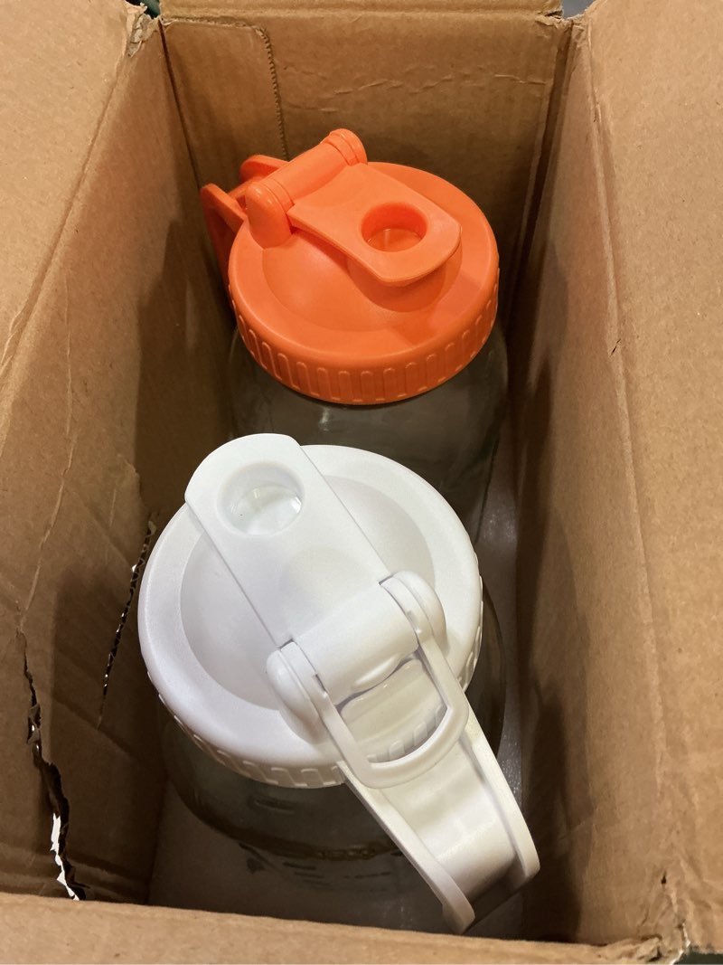 Condition photo showing Good Condition for 2 pack glass mason jar pitcher with lid, 64 oz (2 quart) leakproof water pitcher with handle for sun tea, cold brew, milk & juice, white & orange white & orange 64 ounces 2