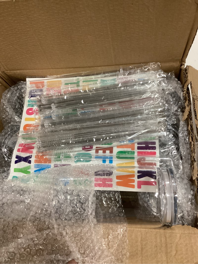 Condition photo showing New/Like New for 16 oz clear plastic cups reusable with lids and straws & diy sticker, 12pack acrylic mason jars iced coffee drinking glasses cup for park picnic, poolside, party giveaways plastic lid - 12pcs