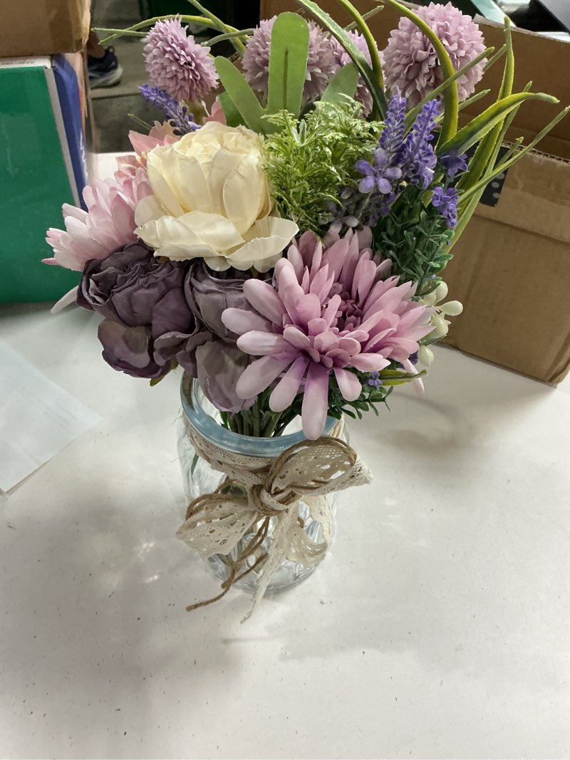 Condition photo showing As Is for lueur artificial faux flowers in vase-fake purple transvaal daisy and dandelion flowers with vase for spring decor arrangement decor home coffee table decor dining room purple & white