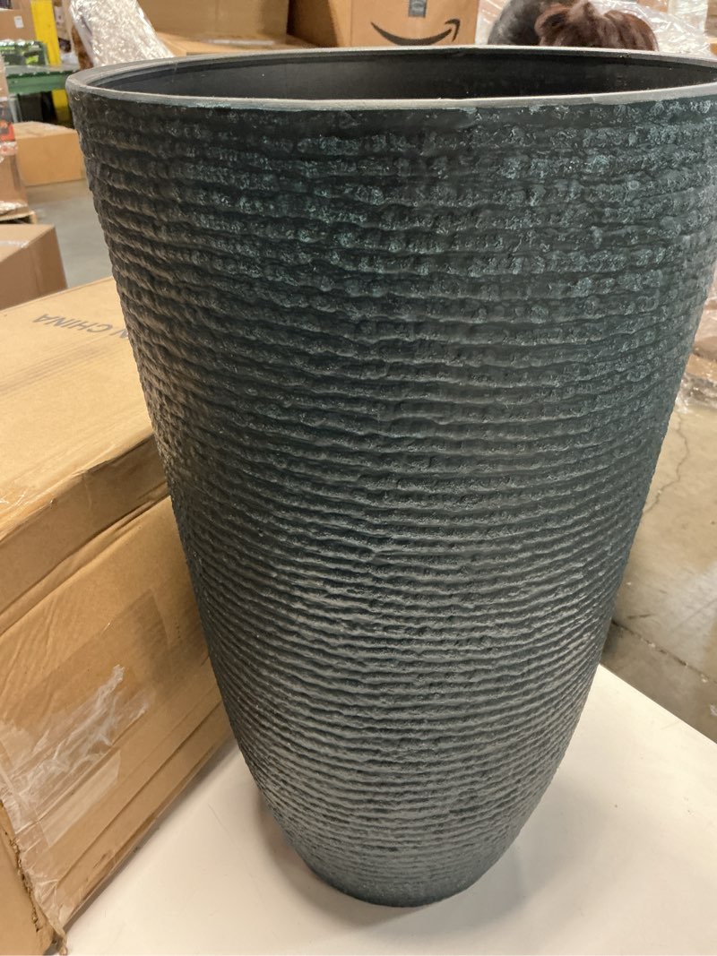 Condition photo showing Good Condition for QCQHDU Set of 2 Large Tall Blue Planters with Saucer - 9 Gallon 12" Diameter x 21" H Faux Stone Round Pots for Indoor Plants, Outdoor Patio & Porch Decor, Heavy Duty Weatherproof Plant Containers