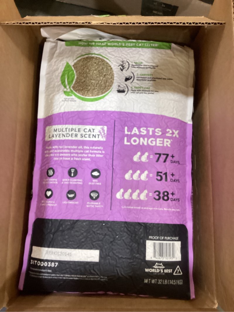 Condition photo showing item condition for WORLD'S BEST CAT LITTER Multiple Cat Lavender Scented 32-Pounds - Natural Ingredients, Quick Clumping, Flushable, 99% Dust Free & Made in USA - Calming Fragrance & Long-Lasting Odor Control
