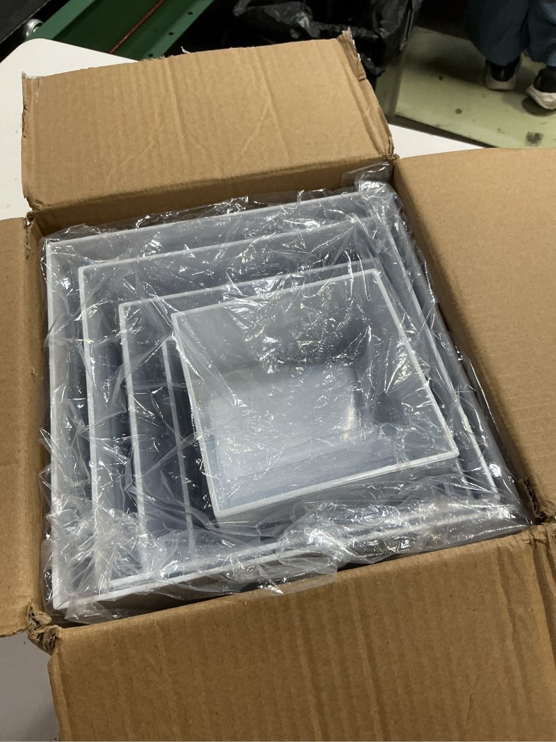 Condition photo showing New/Like New for 9 pcs white buffet risers and stands | food display risers for buffet table | acrylic stands with signs and markers | cube boxes for party, birthday, wedding, catering, collection | size 10’’-9’’-8’’-7’’-6’’-5’’