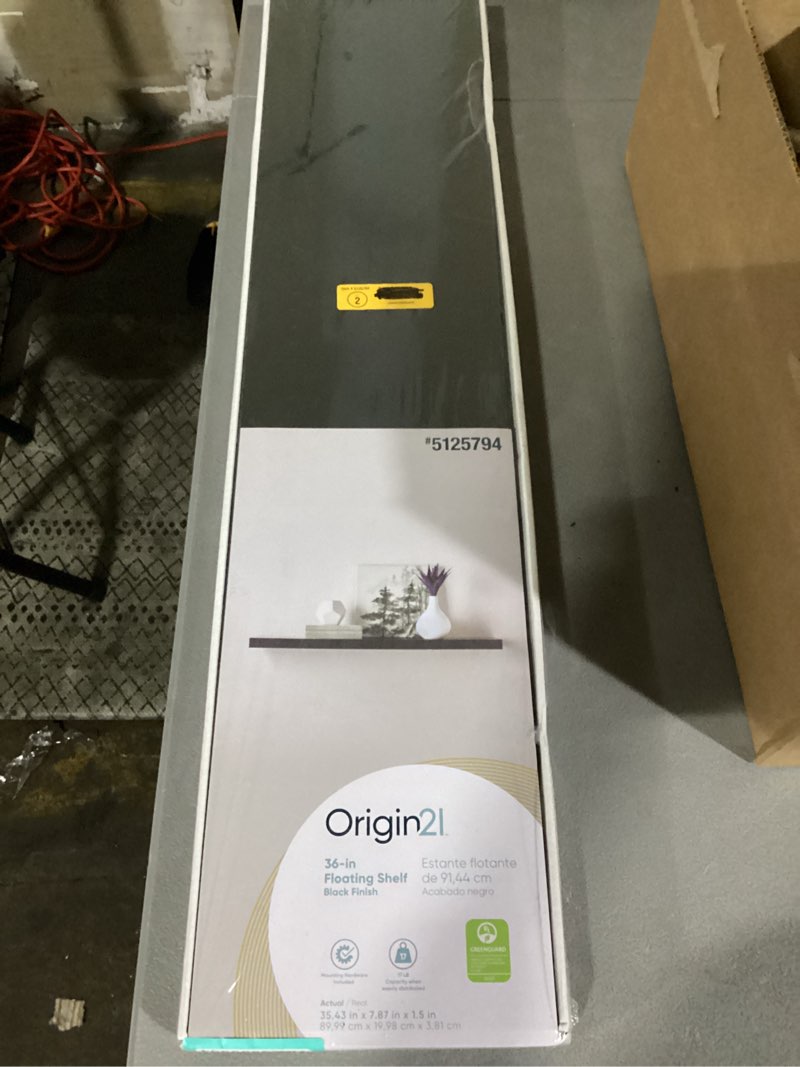Condition photo showing As Is for origin 21 35.43-in l x 7.87-in d x 1.5-in h black rectangular floating shelf
