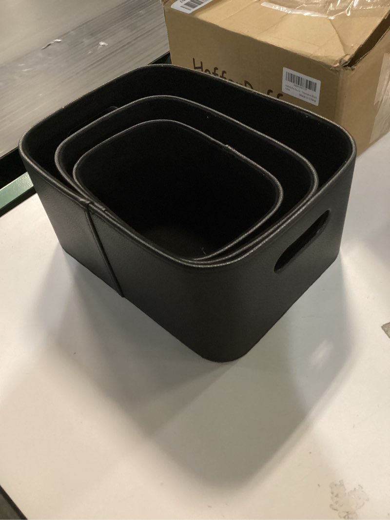 Condition photo showing Good Condition for HofferRuffer Faux Leather Storage Baskets Bins with Velvet Lining for Organizing, Storage, Gifts, Set of 3 Nesting Shelf Baskets Decorative Storage Boxes for Home Organization (Black)