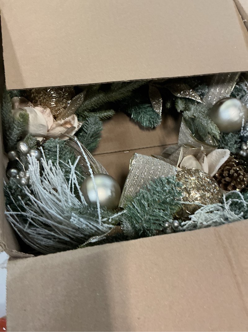 Condition photo showing Good Condition for Hollyone Poinsettia Wreath Gold Christmas Wreath Outdoor 24inch Christmas Wreaths Large for Front Door Wreaths with Poinsettia Flowers Berries Magnolia Leaves for Home Wall Window Festival Decorations