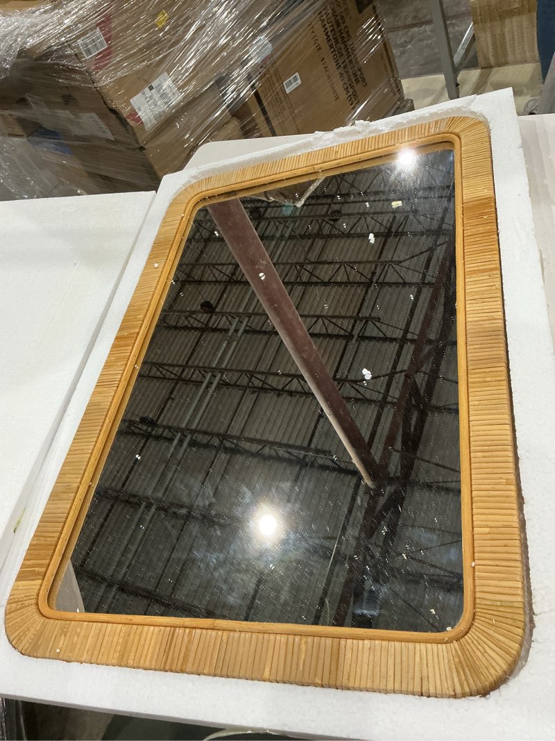 Condition photo showing New/Like New for fuin 20" x 30" rattan wicker rectangle wall mounted bathroom mirror for coastal boho nursery decor, natural rattan 30"l x 20"w