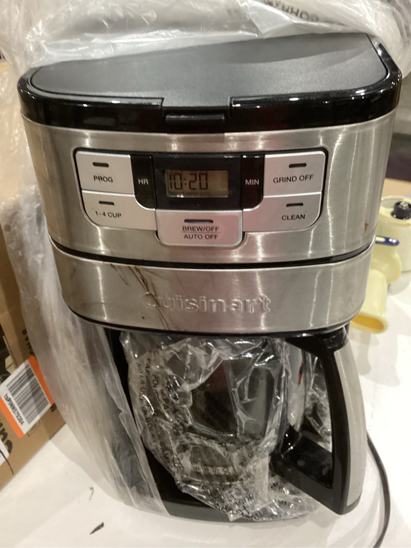 Condition photo showing As Is for cuisinart automatic grind & brew 12-cup coffee maker with blade grinder, programmable coffee machine glass carafe with 1-4 cup setting, brew pause, grind-off option, dgb-400nas, black/stainless steel 12-cup glass automatic grind & brew black/stainless