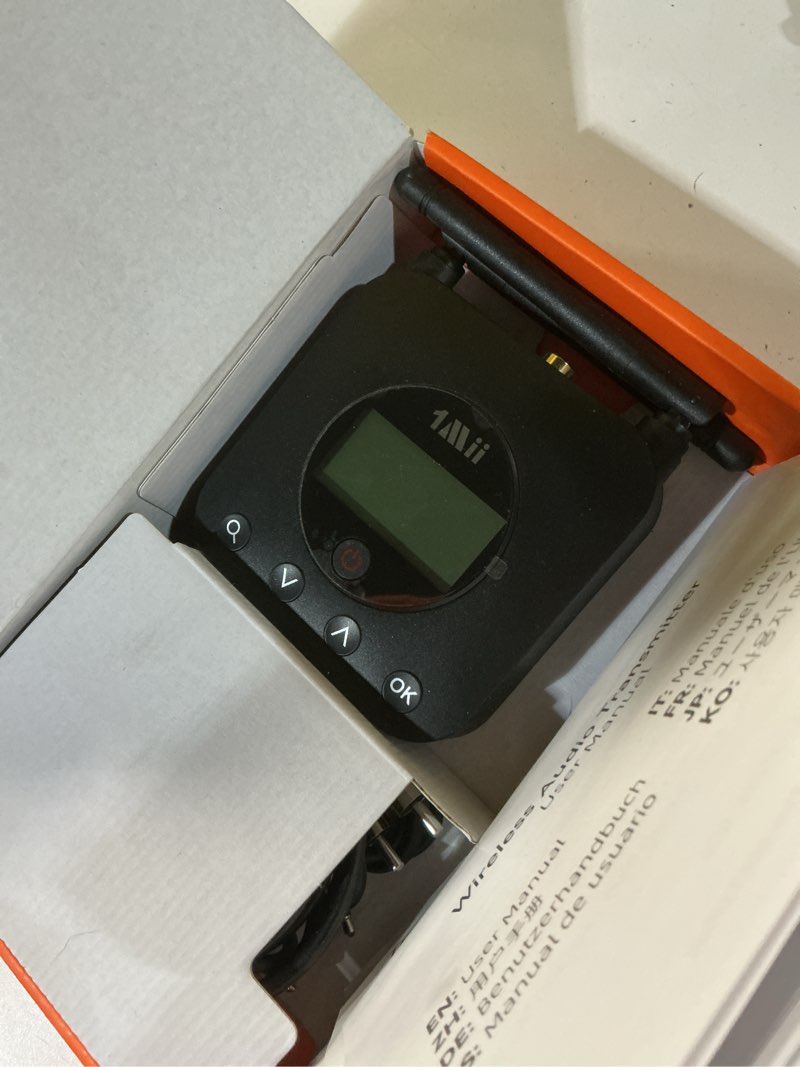 Condition photo showing As Is for 1mii b06tx+ long range bluetooth 5.3 transmitter for tv/pc/projector to 2 wireless headphones/speakers, bluetooth adapter for tv w/screen display, plug n play, aptx low latency & adaptive & hd audio black