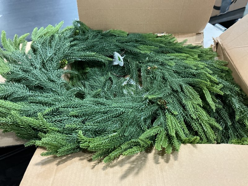 Condition photo showing New/Like New for 24inch Christmas Wreath 2 Pack, Norfolk Pine Wreath for Front Door, 24 Inch Xmas Village Wreath Holiday Decor Christmas Decorations for Home Wall Window Indoor Outdoor Outside Winter