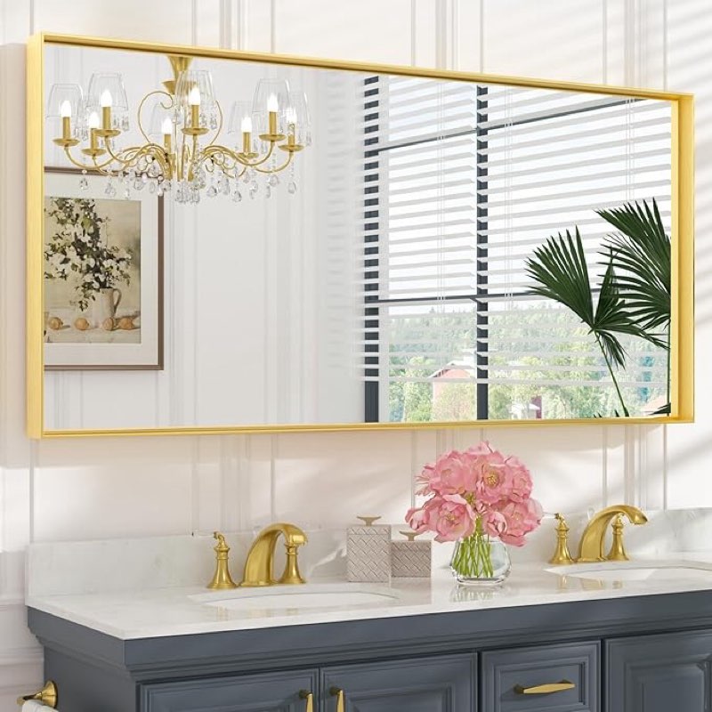 keonjinn brushed gold bathroom mirror  28” x 60”, metal framed rectangular gold wall mirror, modern farmhouse, aluminum alloy, square corner rectangle bathroom vanity mirror
