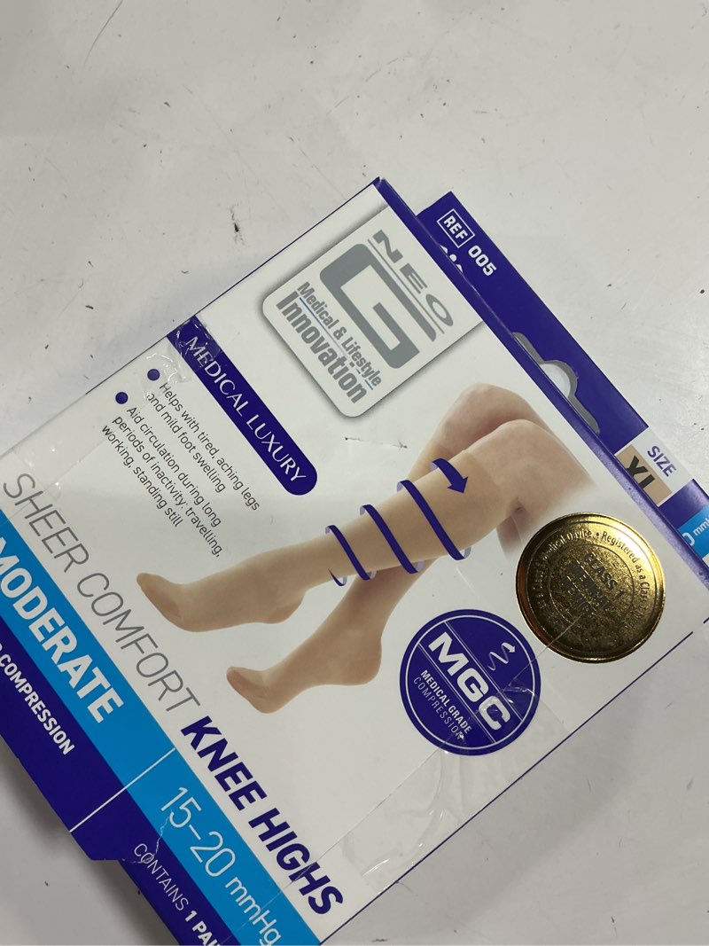 Condition photo showing New/Like New for neo g compression 20-30 mmhg knee high therapeutic sock (open toe) beige, m, 1.0 pr