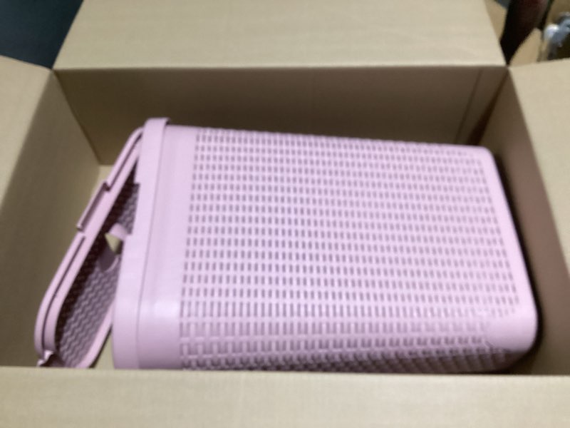 Condition photo showing Good Condition for Mind Reader Slim Laundry Hamper with Lid, 40L Clothes Basket, Premium Wicker Design, Plastic, Pink