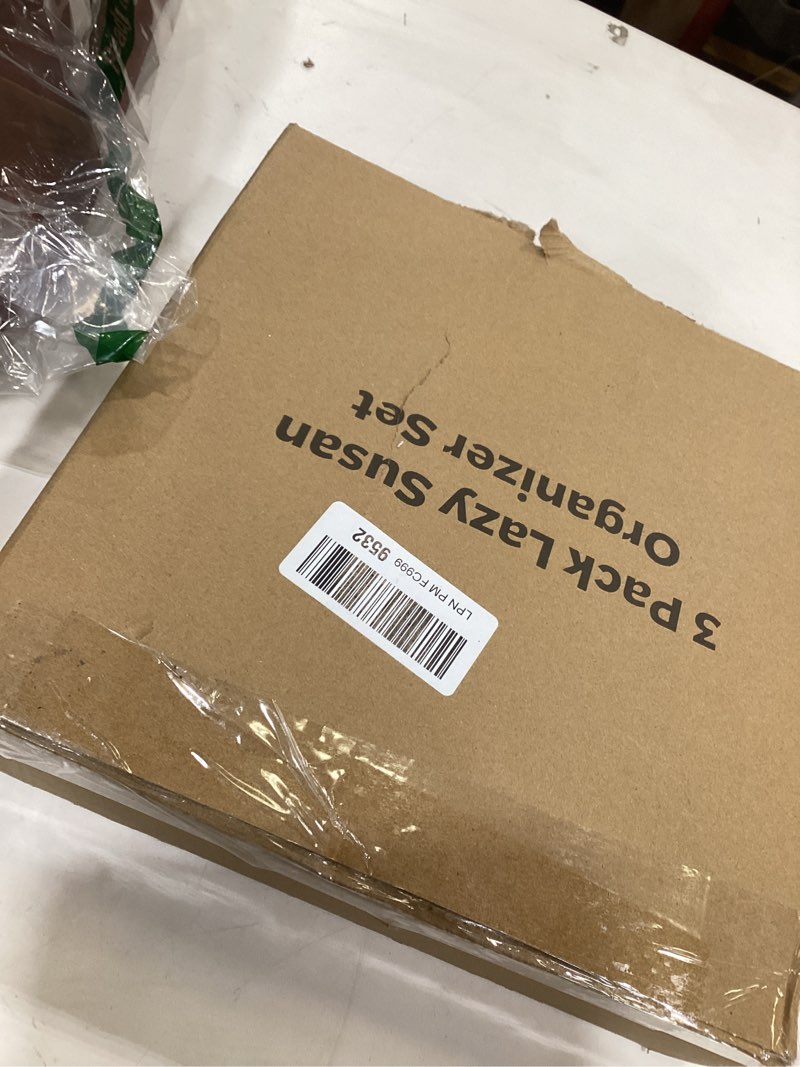 Condition photo showing As Is for LAMU 3 Pack Lazy Susan Organizer Turntable for Cabinet, Pantry Organizers and Storage, Rotating Condiment Organizer for Kitchen, Table Top, Fridge, Countertop, Spice Organization, 9.25'' 10.6'' 12'' Clear 3 Pack 12in+10.6in+9.25in