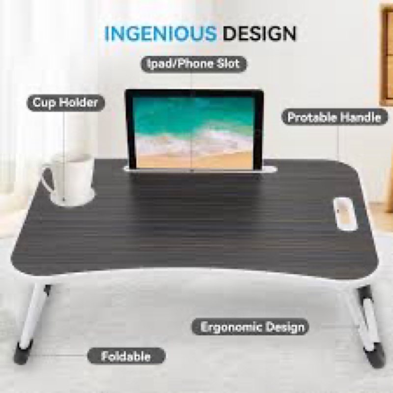 BUYIFY Folding Lap Desk, 23 Inch Portable Wood Black Laptop Bed Desk Lap Desk with Cup Holder, for W