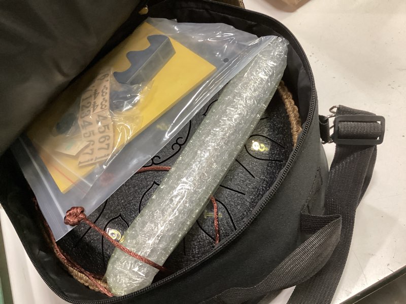Condition photo showing Good Condition for hopwell steel tongue drum - 15 note 12 inch tongue drums - percussion instruments - hand pan drum with music book, drum mallets and carry bag, d major, black 12 inch black