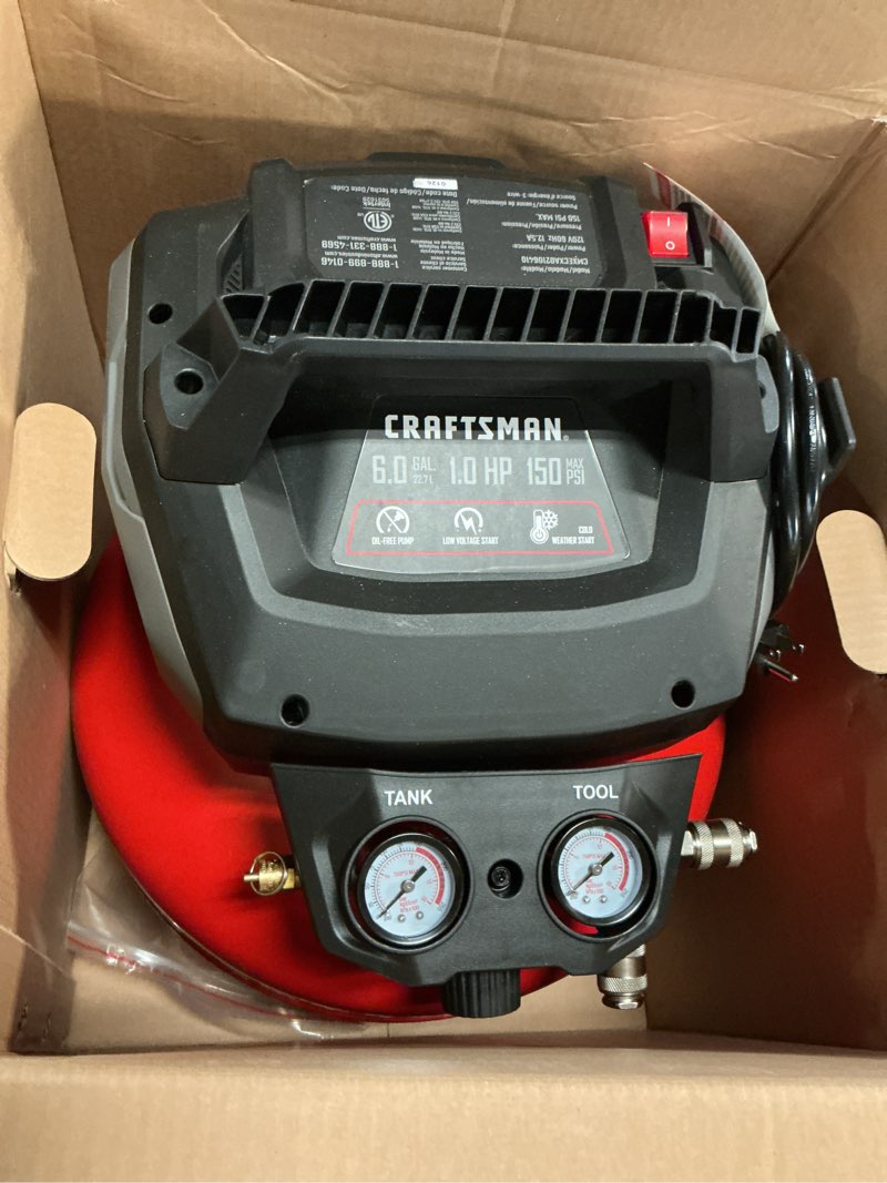 Condition photo showing As Is for (don’t  work )craftsman 6-gallons portable electric 150 psi pancake air compressor