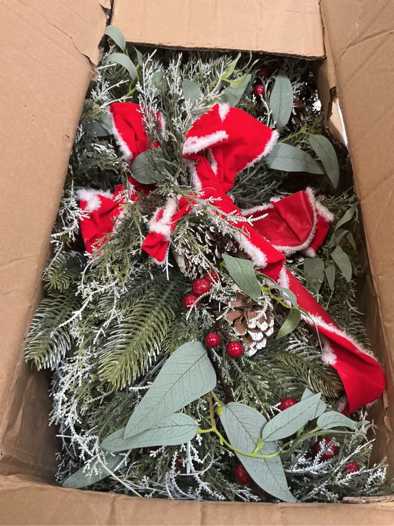 Condition photo showing Good Condition for 6 Pack 27.5 Christmas Artificial Swags Christmas Red Berries Pine Cones Swag with LED Lights Xmas Window Wreath Front Door Trim Wreath for Outdoor Stairway Fireplace Decoration (White)