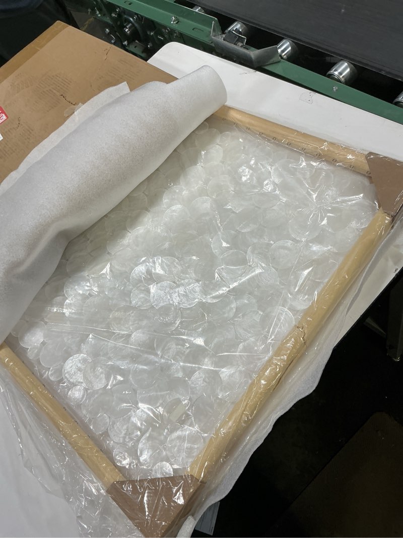 Condition photo showing As Is for DHHOUSE 24x24 inch Handmade Capiz Shell Wall Art, Minimalist White Shell Wall Hanging with Wooden Frame, Coastal Wall Decor for Living Room, Bedroom