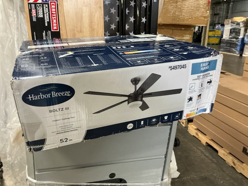 Condition photo showing As Is for harbor breeze boltz iii easy2hang 52-in matte black color-changing integrated led indoor ceiling fan with light and remote (5-blade)