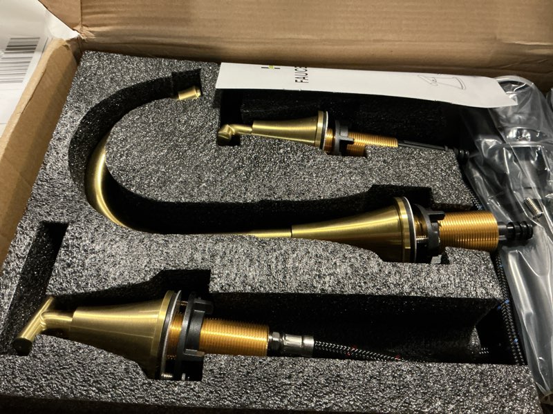 Condition photo showing Good Condition for bathroom faucets for sink 3 hole, hurran brushed gold bathroom sink faucet with pop-up drain and supply lines, stainless steel lead-free widespread faucet for vanity rv, 2 pack 8 inch, 2 pack brushed gold