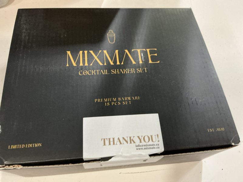 Condition photo showing New/Like New for mixology bartender kit with stand - 15 piece bar tool set, silver bar set cocktail shaker set for drink mixing - includes martini shaker, jigger, strainer, bar mixer spoon, tongs, opener | gift idea silver/black