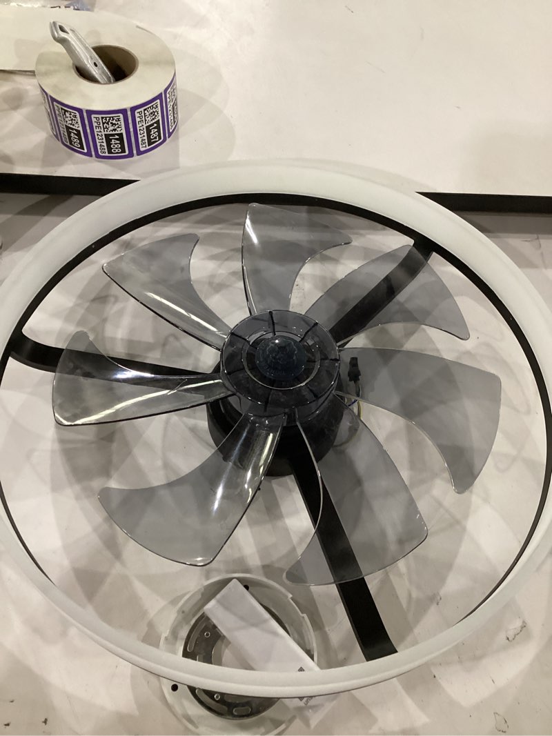 Condition photo showing As Is for volisun low profile ceiling fans with lights and remote, 24in fandelier ceiling fan with light, 3000k-6500k dimmable bladeless led fan light, black flush mount ceiling fans with lights for bedroom black 24 inch