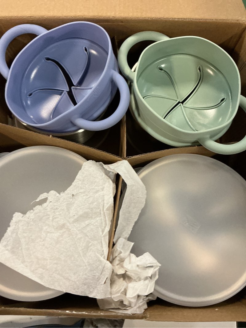 Condition photo showing New/Like New for elk and friends kids stainless steel mealtime bundle | plates, bowls, snack cups + toddler utensils | silicone suction sleeves + travel storage lids | for meals + snacks | dishwasher safe sage/misty blue (suction sleeves)